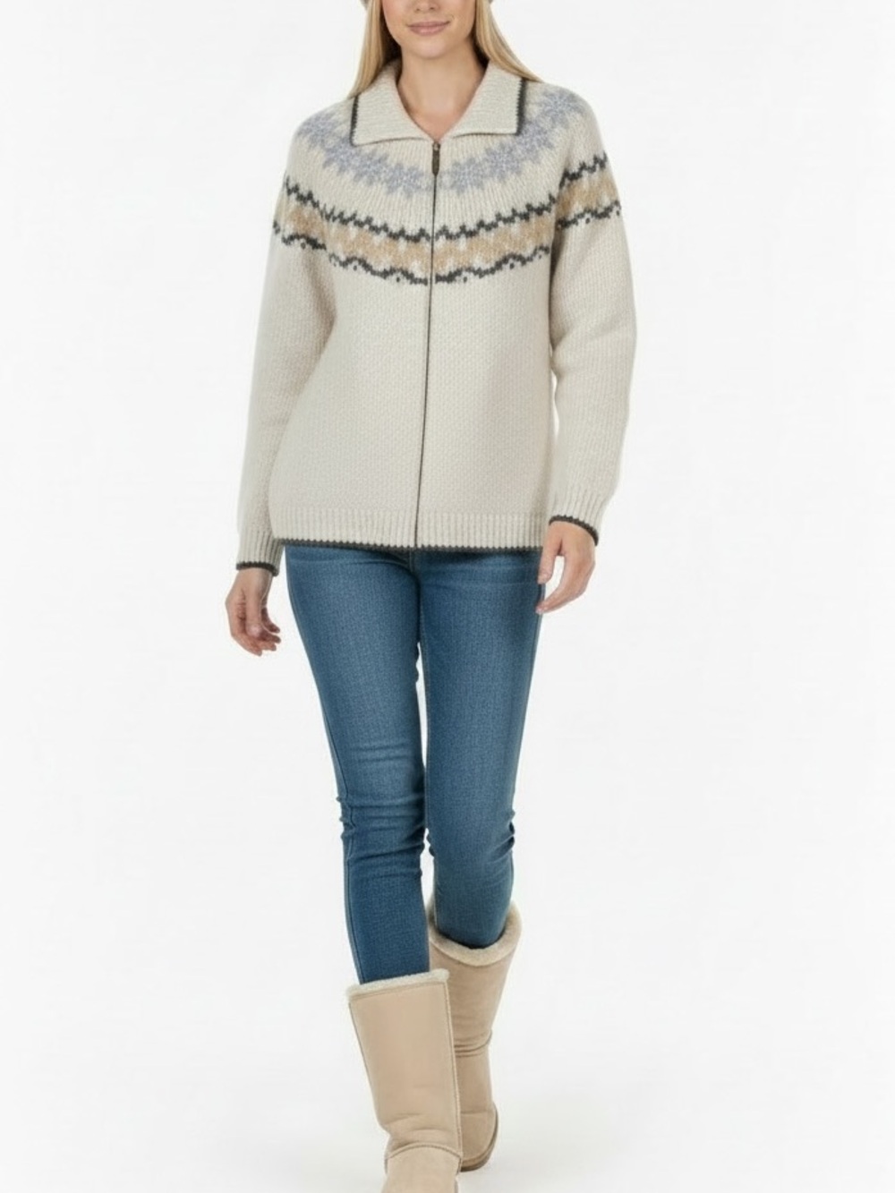 Vintage Easywear Fair Isle Nordic Full Zip Sweater S